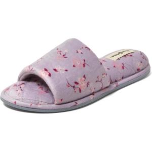 imageDearfoams Womens Indoor Fuzzy Memory Foam Cloud Slip On Beatrice House Slide SlipperPurple Flower Velour