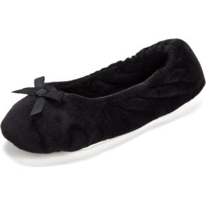 imageDearfoams Womens Layla Ballerina Slipper with Memory Foam Soft Tie Bow and Suede SoleBlack