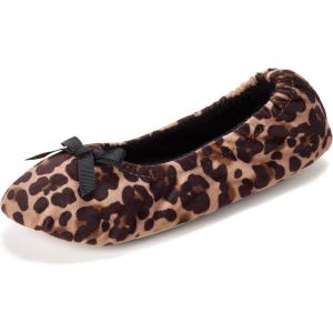 imageDearfoams Womens Layla Ballerina Slipper with Memory Foam Soft Tie Bow and Suede SoleLeopard