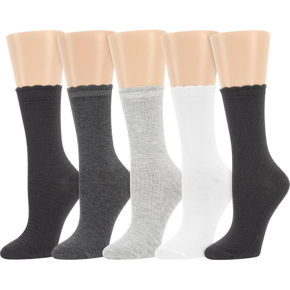 imageDearfoams Ladies 5 Pair Pack Everyday Super Soft Ultimate Comfort Multicolor Assorted Easy Care Scallop Edge Crew Socks
