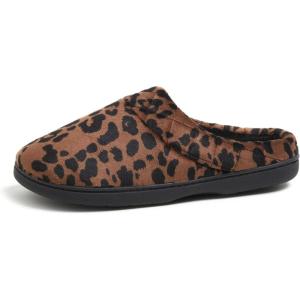 imageDearfoams Womens IndoorOutdoor Memory Foam Darcy Microfiber Velour Clog Wide Widths Slipper Smokey Purple MediumDark Leopard