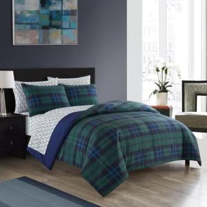 imageDearfoams 7 Piece Super Soft Bed in a Bag Bedding Set Black and White QueenBlue Tartan