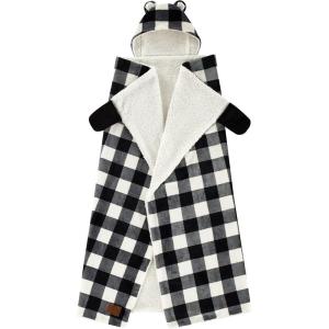 imageDearfoams Farmhouse Plaid Buffalo Check Printed Royal Plush with Sherpa Reverse Adult Hooded Throw 50quotx60quotBlackWhite