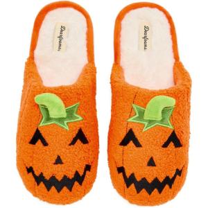 imageDearfoams UnisexAdult Spooky Fuzzy Halloween Pumpkin Jack O Lantern SlipperJack O Lantern