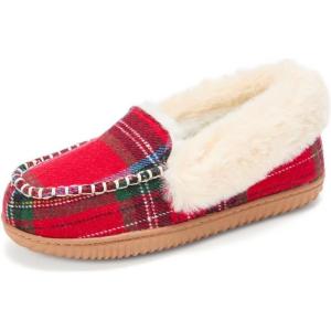 imageDearfoams Womens Gifts Fuzzy Memory Foam Outdoor Ryland Moccasin with Cuff SlippersRed Plaid