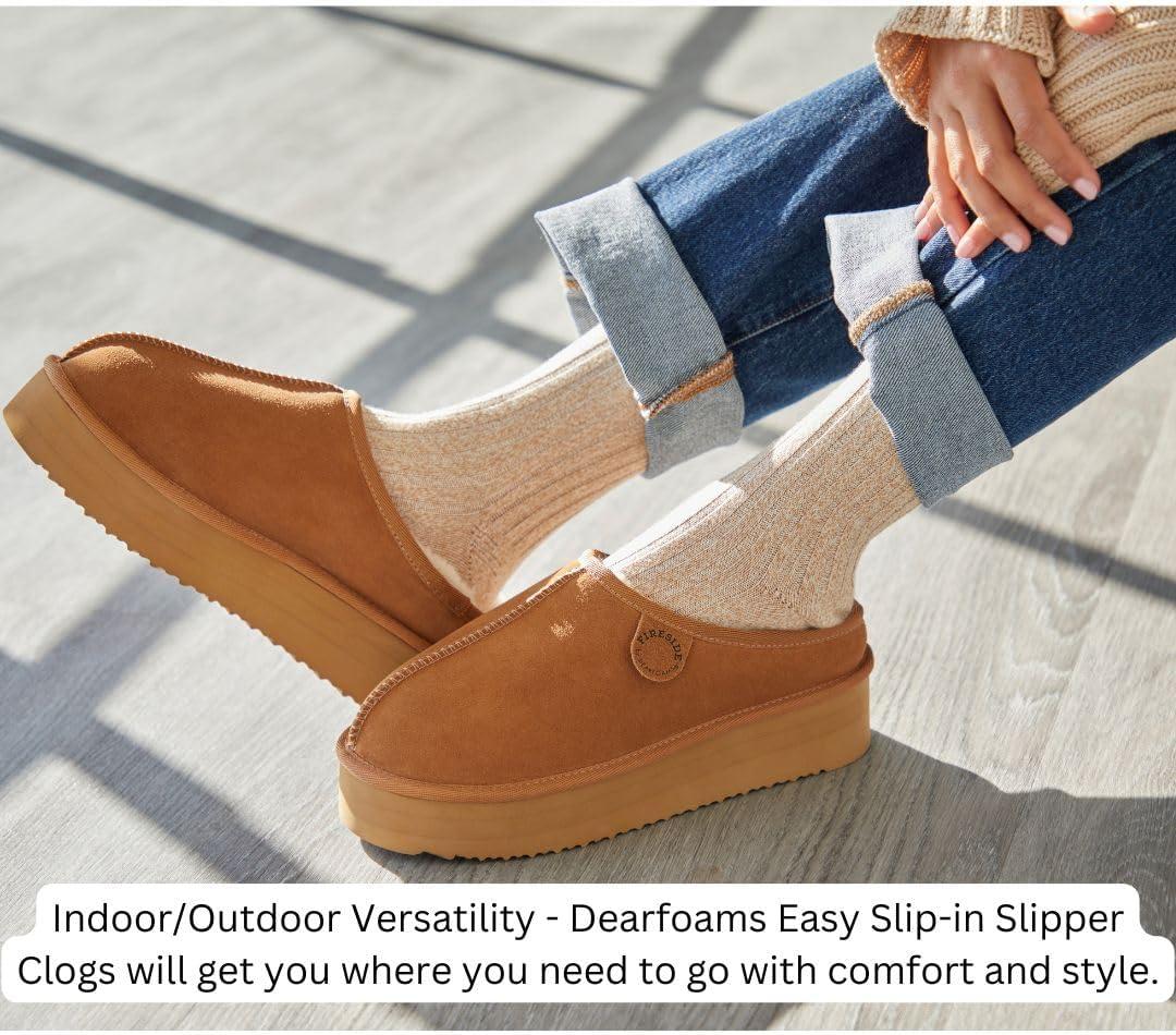 imageFireside by Dearfoams Womens Greta Shearling IndoorOutdoor Clog SlipperSand Platform