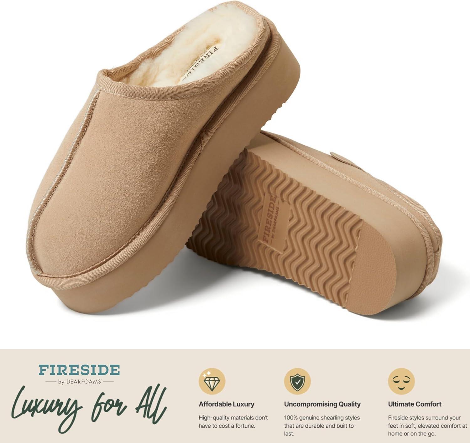 imageFireside by Dearfoams Womens Greta Shearling IndoorOutdoor Clog SlipperSand Platform