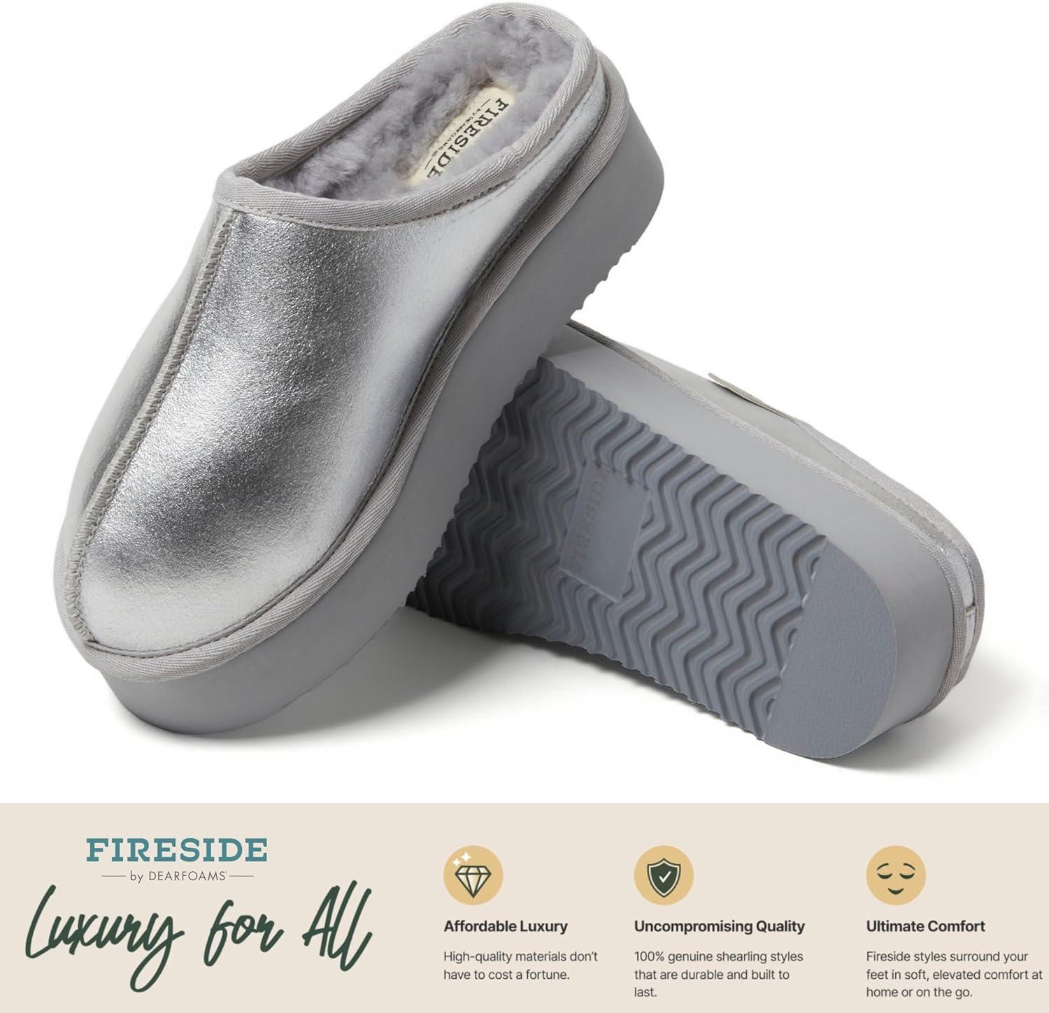 imageFireside by Dearfoams Womens Greta Shearling IndoorOutdoor Clog SlipperSilver Platform