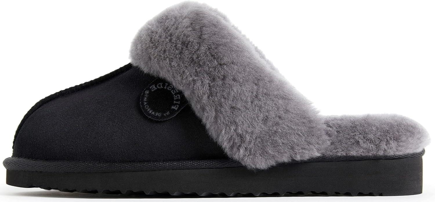 imageDearfoams Womens Fireside Sydney Shearling Fur Slippers Wide width availableBlackGrey Fur