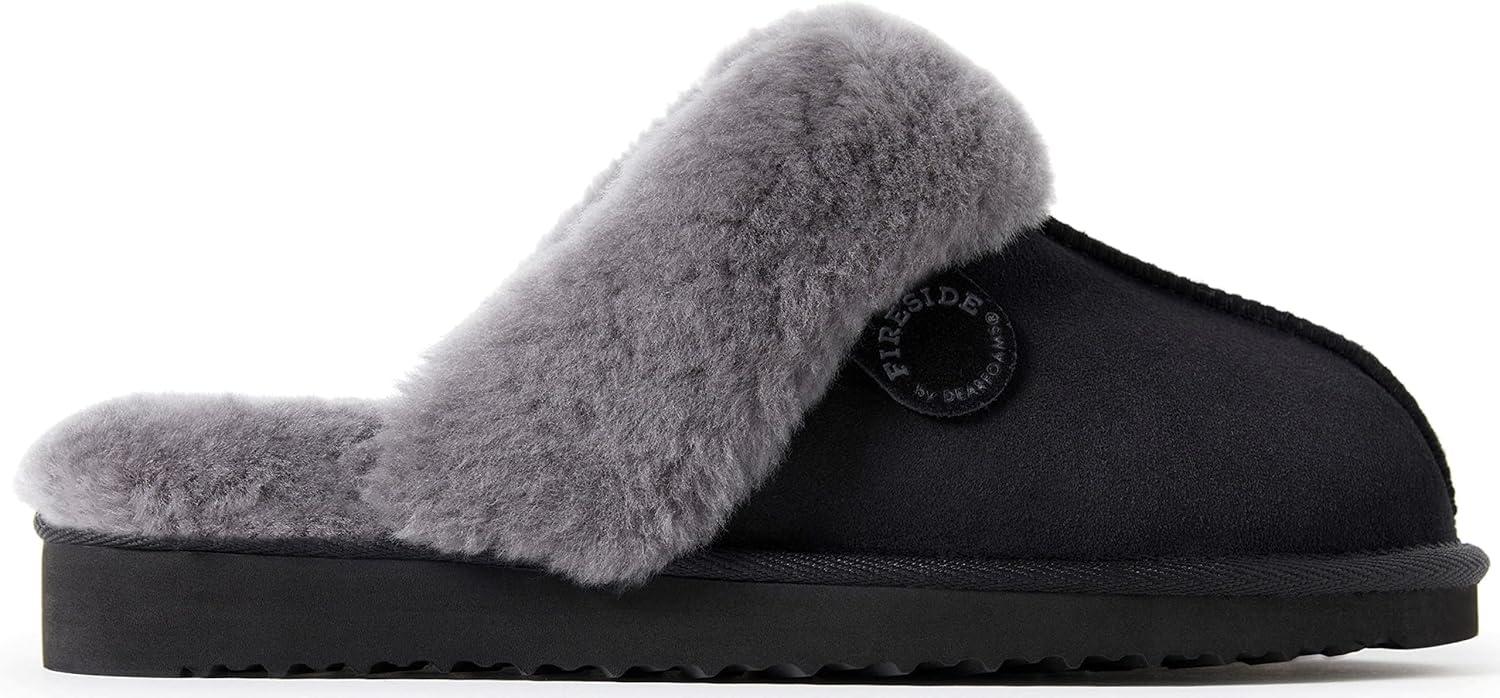 imageDearfoams Womens Fireside Sydney Shearling Fur Slippers Wide width availableBlackGrey Fur
