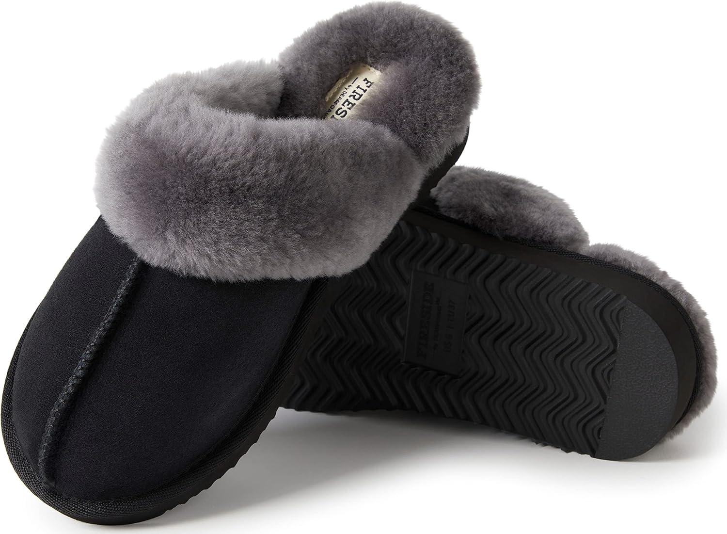 imageDearfoams Womens Fireside Sydney Shearling Fur Slippers Wide width availableBlackGrey Fur