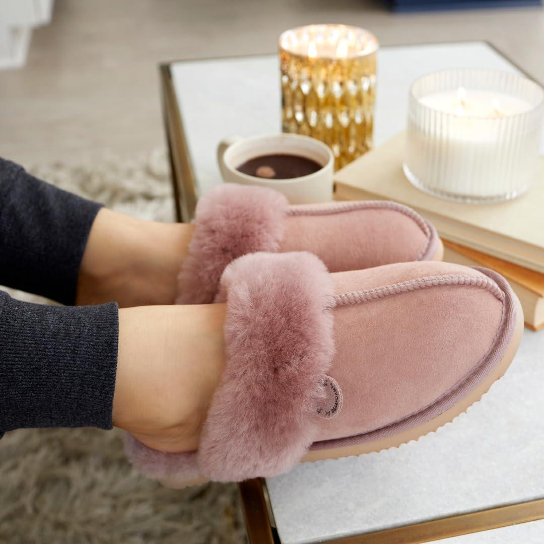 imageDearfoams Womens Fireside Sydney Shearling Fur Slippers Wide width availableDusty Pink