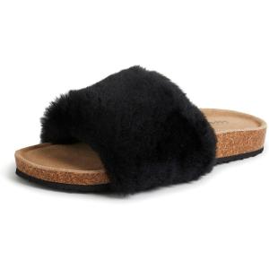 imageDearfoams Womens Fireside Canberra Shearling Cork Footbed Easy onOff Slide SandalBlack