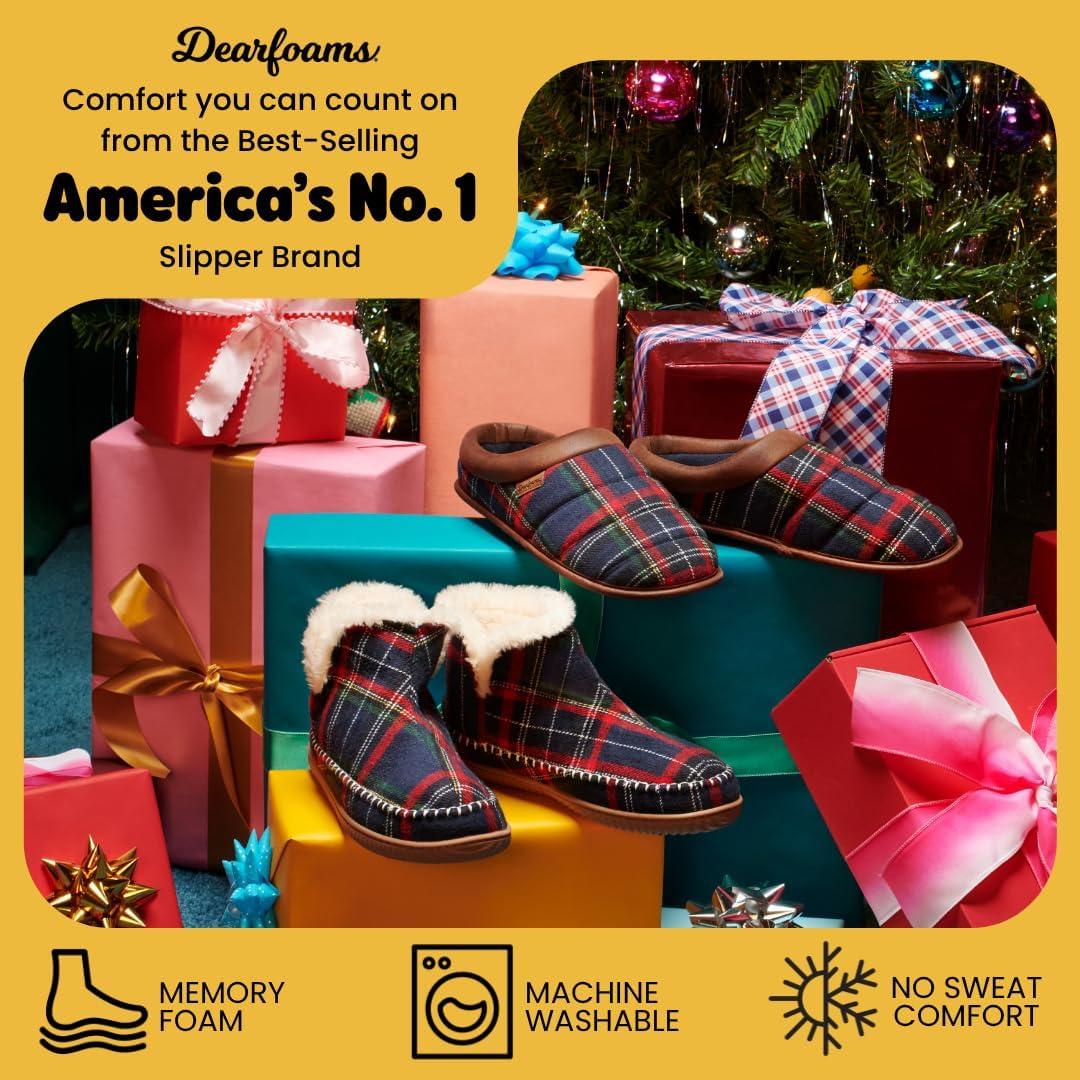 imageDearfoams Mens Brixen IndoorOutdoor Memory Foam Boot Alpine Camping Cozy Slipper House Shoe AnkleNavy Plaid