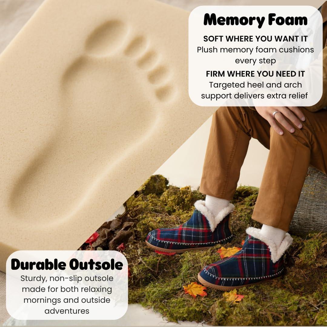 imageDearfoams Mens Brixen IndoorOutdoor Memory Foam Boot Alpine Camping Cozy Slipper House Shoe AnkleNavy Plaid