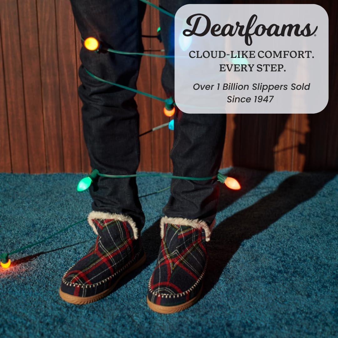 imageDearfoams Mens Brixen IndoorOutdoor Memory Foam Boot Alpine Camping Cozy Slipper House Shoe AnkleNavy Plaid