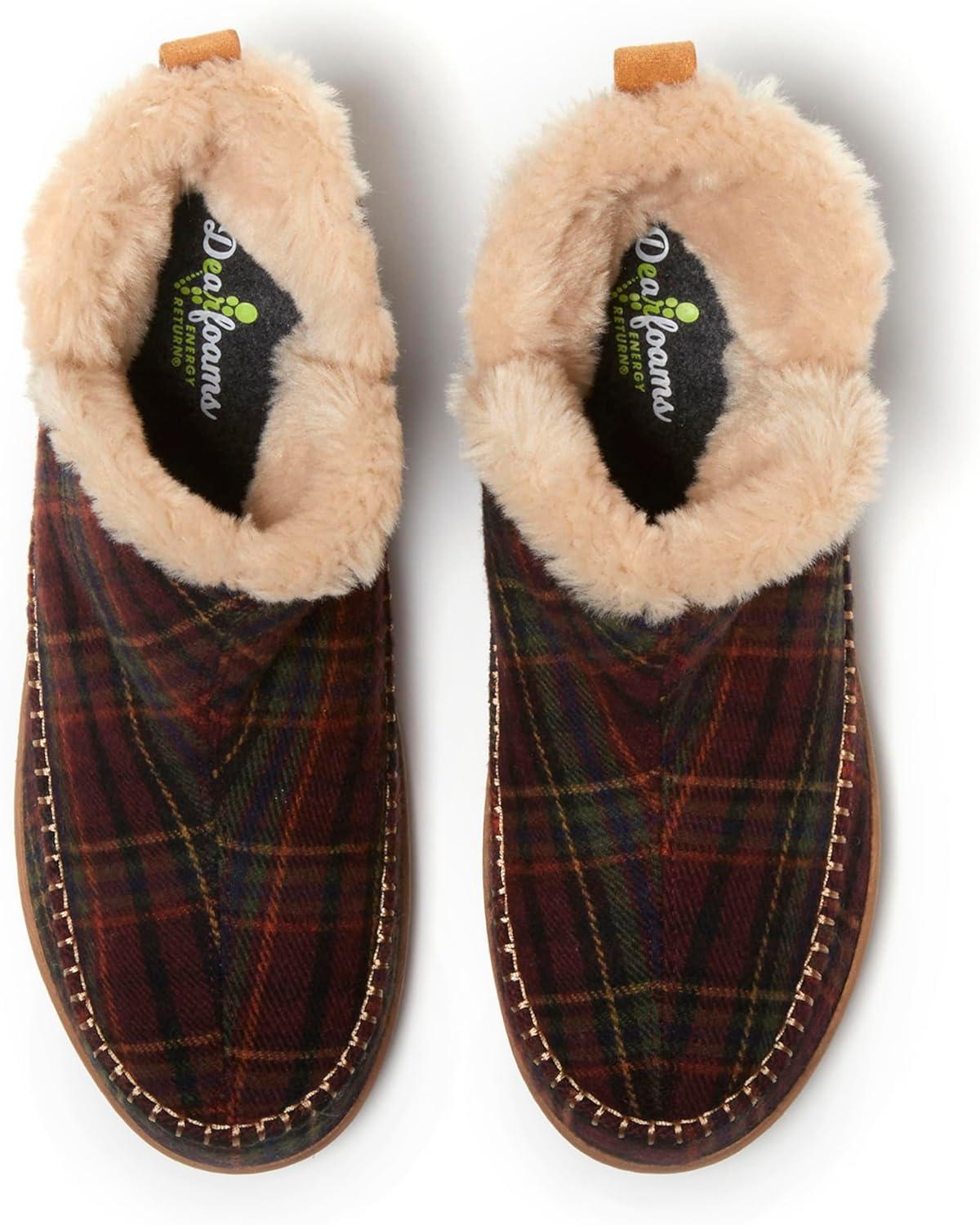 imageDearfoams Mens Brixen IndoorOutdoor Memory Foam Boot Alpine Camping Cozy Slipper House Shoe AnkleRed Plaid