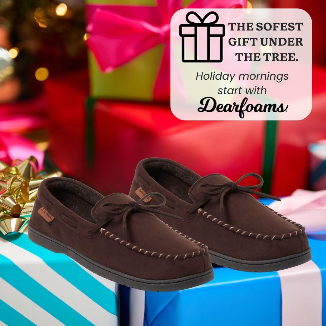 imageDearfoams Mens Microsuede Moccasin with Tie SlipperBrown