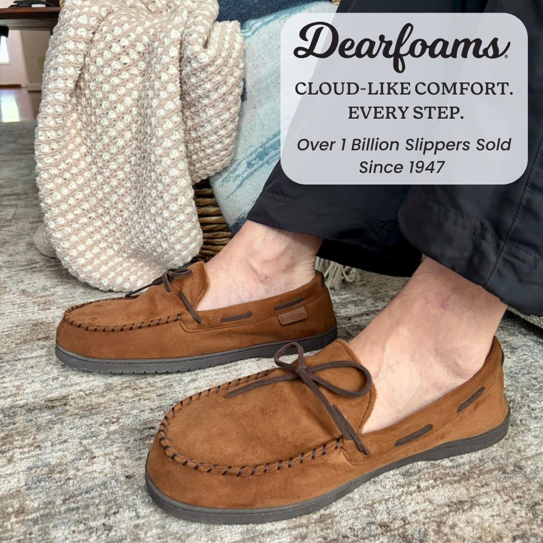 imageDearfoams Mens Microsuede Moccasin with Tie SlipperTan