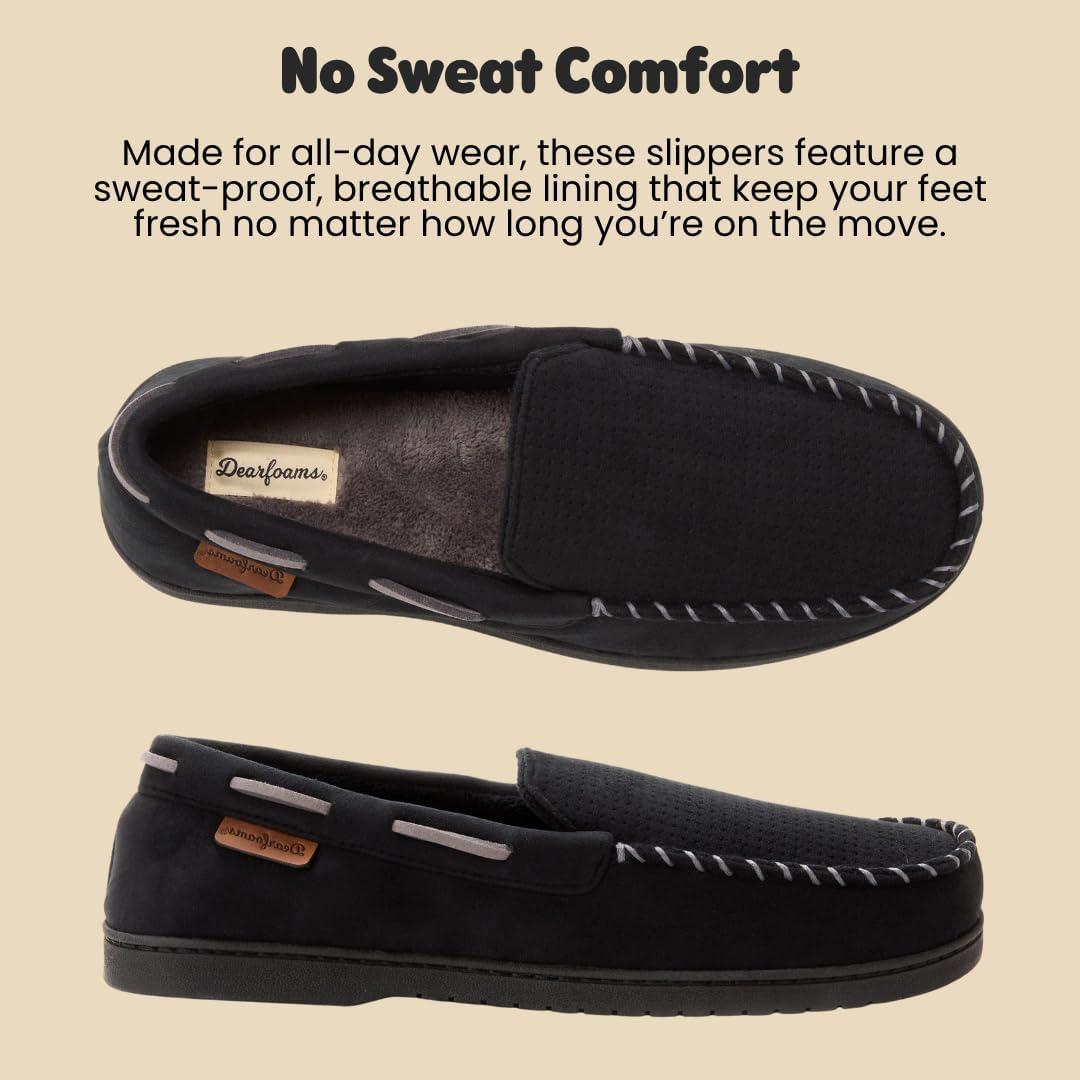 imageDearfoams mens Keaton Memory Foam Indoor Outdoor Moccasin With Wide Widths SlipperBlack Perforated