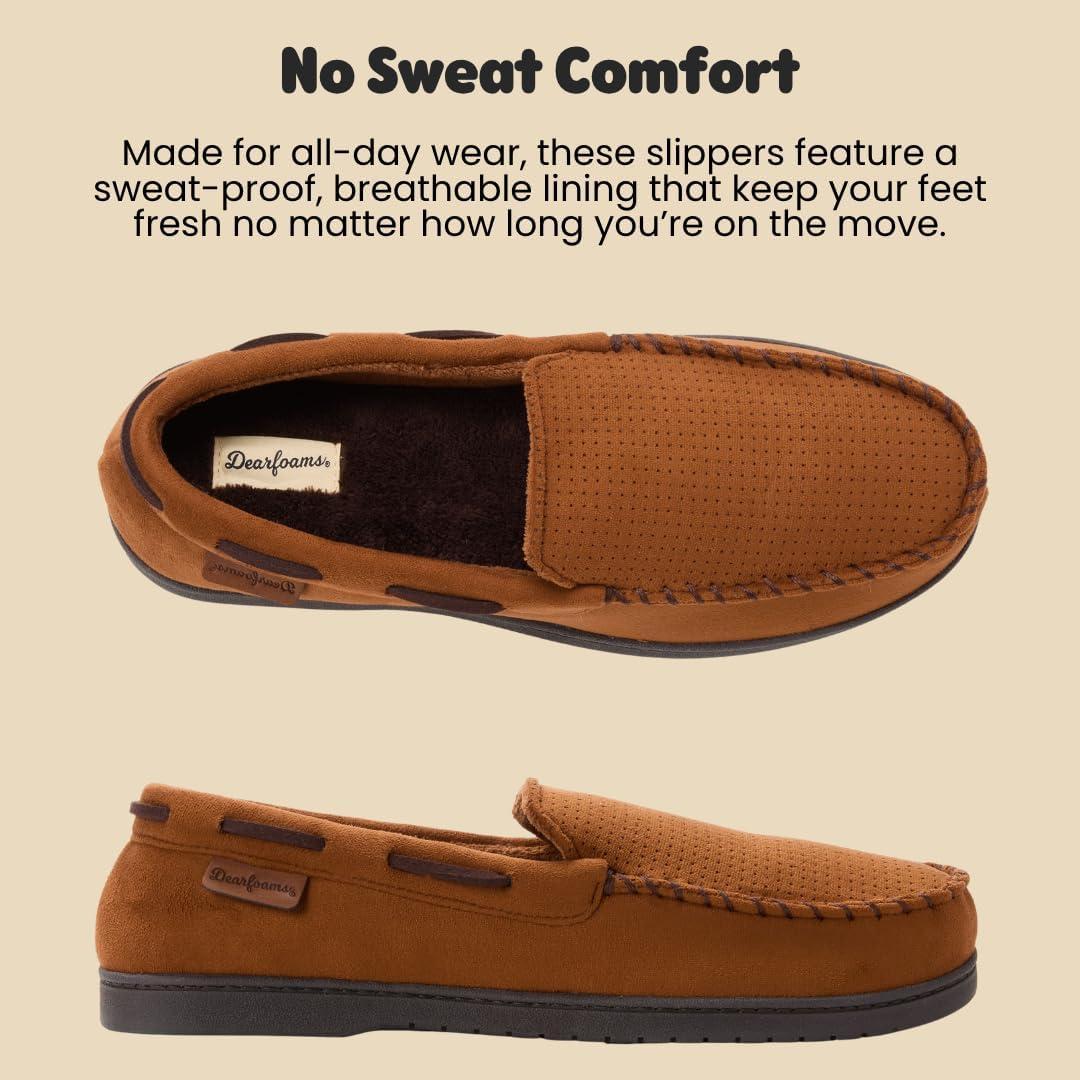 imageDearfoams mens Keaton Memory Foam Indoor Outdoor Moccasin With Wide Widths SlipperTan Perforated