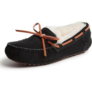 imageDearfoams Womens Fireside Victoria Genuine Shearling IndoorOutdoor Moccasin With Tie SlippersBlack