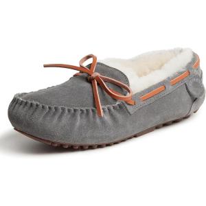 imageDearfoams Womens Fireside Victoria Genuine Shearling IndoorOutdoor Moccasin With Tie SlippersGrey
