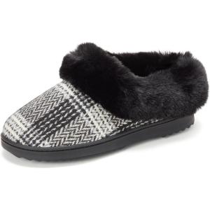 imageDearfoams Womens Memory Foam Cozy Soft House Slippers Gifts for Women Hannah Knit Clog House ShoesBlack Plaid