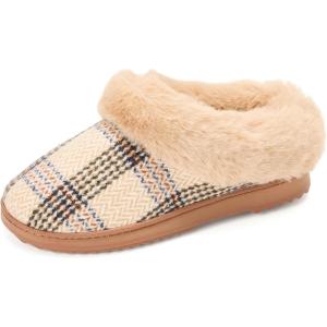 imageDearfoams Womens Memory Foam Cozy Soft House Slippers Gifts for Women Hannah Knit Clog House ShoesTan Plaid
