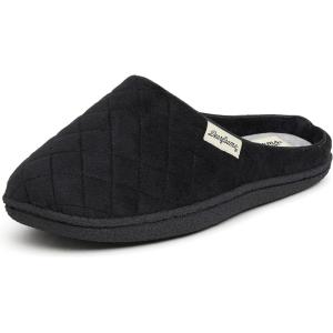 imageDearfoams Womens Memory Foam Indoor House Slippers Leslie Terry Clog House Shoes with Wide WidthsBlack Velour