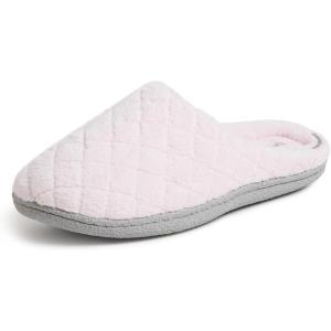 imageDearfoams Womens Memory Foam Indoor House Slippers Leslie Terry Clog House Shoes with Wide WidthsFresh Pink Terry