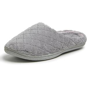 imageDearfoams Womens Memory Foam Indoor House Slippers Leslie Terry Clog House Shoes with Wide WidthsMedium Grey Terry