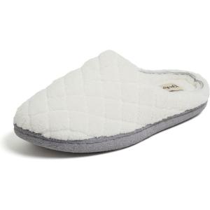 imageDearfoams Womens Memory Foam Indoor House Slippers Leslie Terry Clog House Shoes with Wide WidthsMuslin White Terry