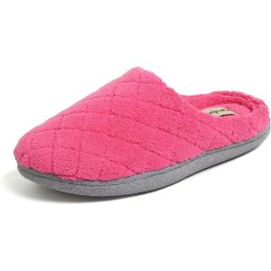 imageDearfoams Womens Memory Foam Indoor House Slippers Leslie Terry Clog House Shoes with Wide WidthsParadise Pink Terry