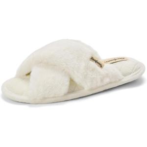 imageDearfoams Womens Jessica Fuzzy Cross Band Slide SlipperAlabaster
