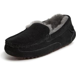 imageFireside By Dearfoams Mens Melbourne Genuine Shearling Moccasin Slippers Memory Foam Sudede Loafers Slipin House ShoesBlack
