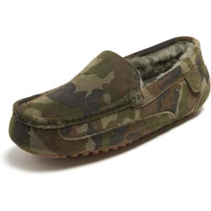 imageFireside By Dearfoams Mens Melbourne Genuine Shearling Moccasin Slippers Memory Foam Sudede Loafers Slipin House ShoesCamo