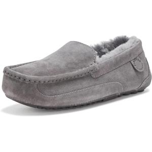 imageFireside By Dearfoams Mens Melbourne Genuine Shearling Moccasin Slippers Memory Foam Sudede Loafers Slipin House ShoesGrey Solid