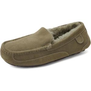 imageFireside By Dearfoams Mens Melbourne Genuine Shearling Moccasin Slippers Memory Foam Sudede Loafers Slipin House ShoesLoden