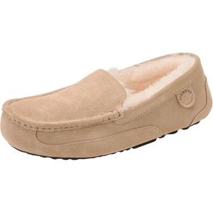 imageFireside By Dearfoams Mens Melbourne Genuine Shearling Moccasin Slippers Memory Foam Sudede Loafers Slipin House ShoesSand