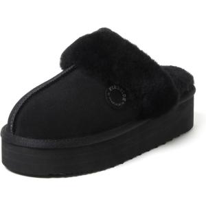 imageFireside By Dearfoams Womens Melton Platform Slippers Genuine Shearling Memory Foam Slipin House ShoesBlack Platform