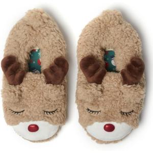imageDearfoams Unisex Adult Holiday Christmas Gift Family Matching Santa Reindeer Teddy Bear Plush Memory Foam SlippersAdult Reindeer