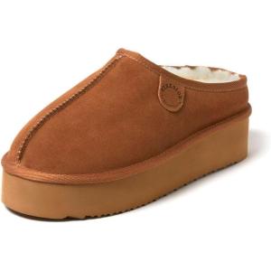 imageFireside By Dearfoams Womens Queenstown Shearling Slippers Memory Foam Suede Clog IndoorOutdoor Slipin House ShoesChestnut Platform