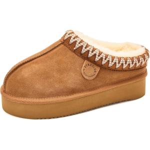 imageFireside By Dearfoams Womens Queenstown Shearling Slippers Memory Foam Suede Clog IndoorOutdoor Slipin House ShoesChestnut Taping