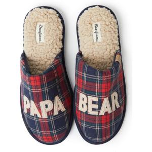 imageDearfoams mens Matching Family Holiday Papa Bear Sherpa Lined Moc Toe With Embroidery SlipperNavy Plaid
