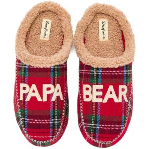 imageDearfoams mens Matching Family Holiday Papa Bear Sherpa Lined Moc Toe With Embroidery SlipperRed Tartan Plaid