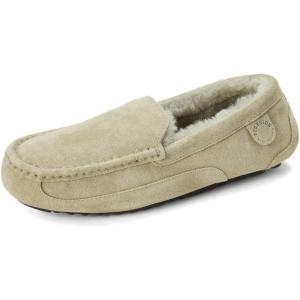 imageFireside By Dearfoams Mens Melbourne Genuine Shearling Moccasin Slippers Memory Foam Sudede Loafers Slipin House ShoesSeagrass