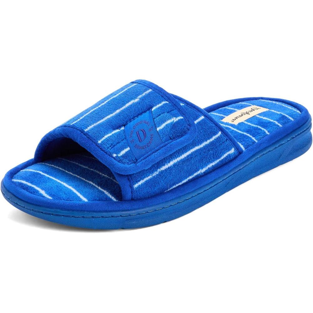 imageDearfoams Mens Adjustable IndoorOutdoor Memory Foam Machine Washable Summer Slide SlipperBlue Stripe
