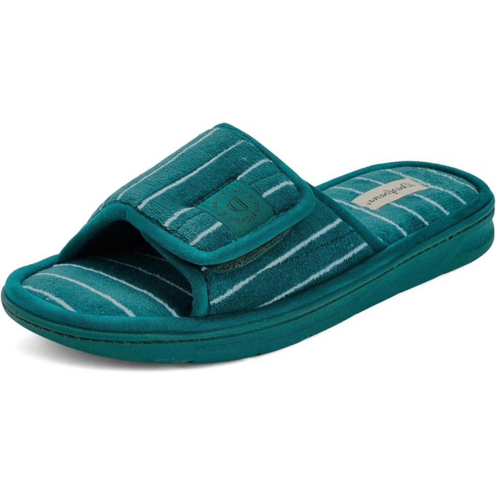 imageDearfoams Mens Adjustable IndoorOutdoor Memory Foam Machine Washable Summer Slide SlipperGreen Stripe