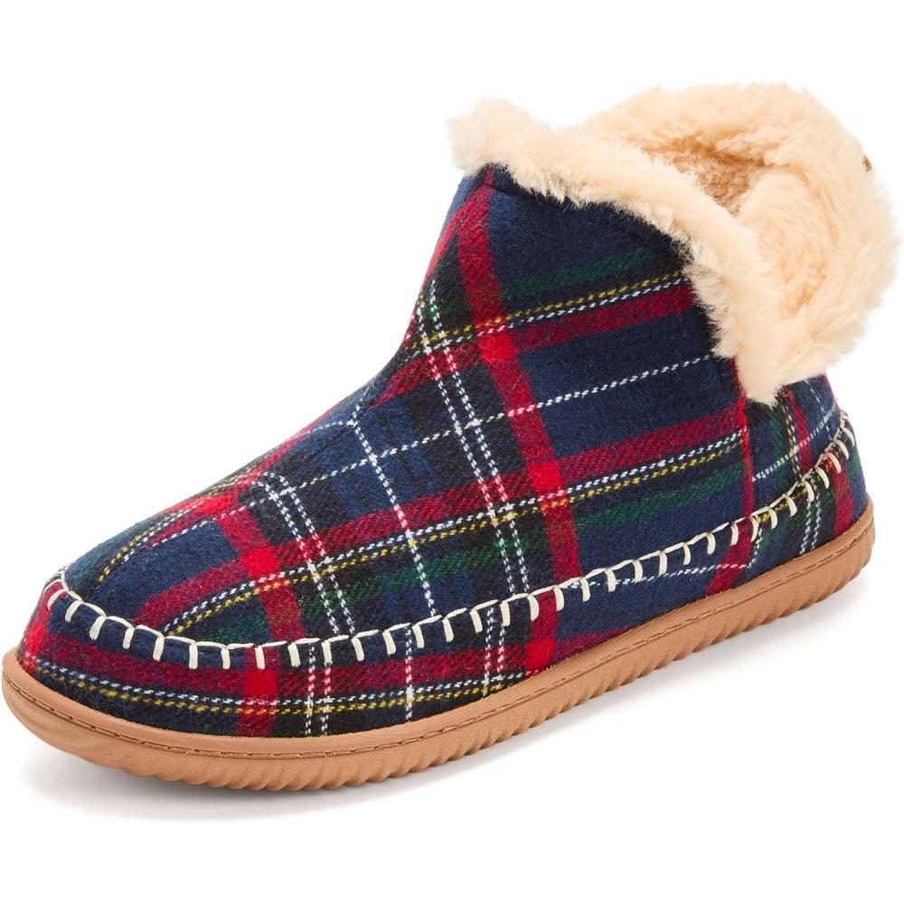 imageDearfoams Mens Memory Foam Indoor House Slippers Brixen Ankle Boot House Shoes  Gifts for MenNavy Plaid